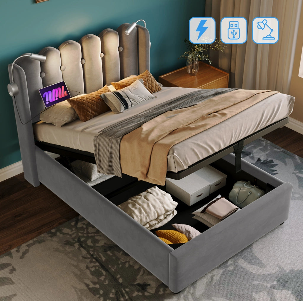 Letto contenitore 90x200 in velluto grigio con luce da lettura e USB