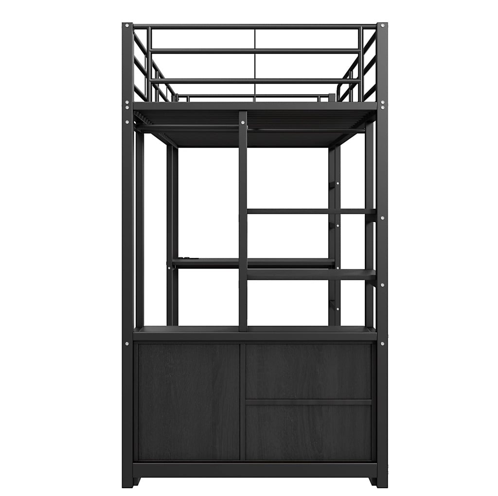 Letto a soppalco ULEVR 90x200 cm con scrivania, presa e USB, ripiani e vano aperto, nero