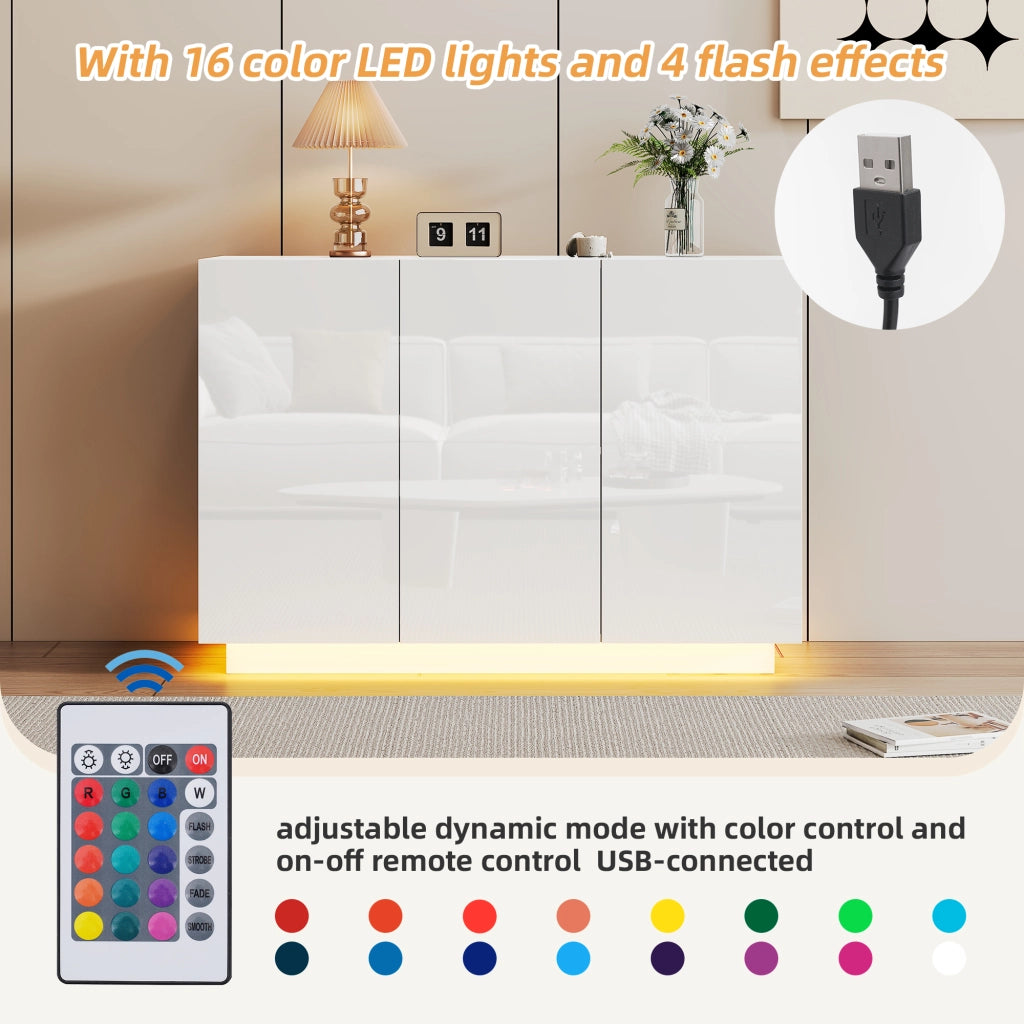 Credenza con 3 ante; ripiani regolabili e LED - per soggiorno - 120×40×75 cm