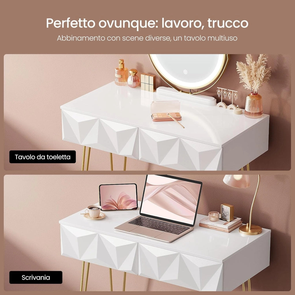 EUGAD Toeletta da Trucco con Luci LED, Luminosità Regolabile, Postazione da Trucco con Sedia in Velluto, con 2 Cassetti, Assemblaggio facile, Bianco e Dorato