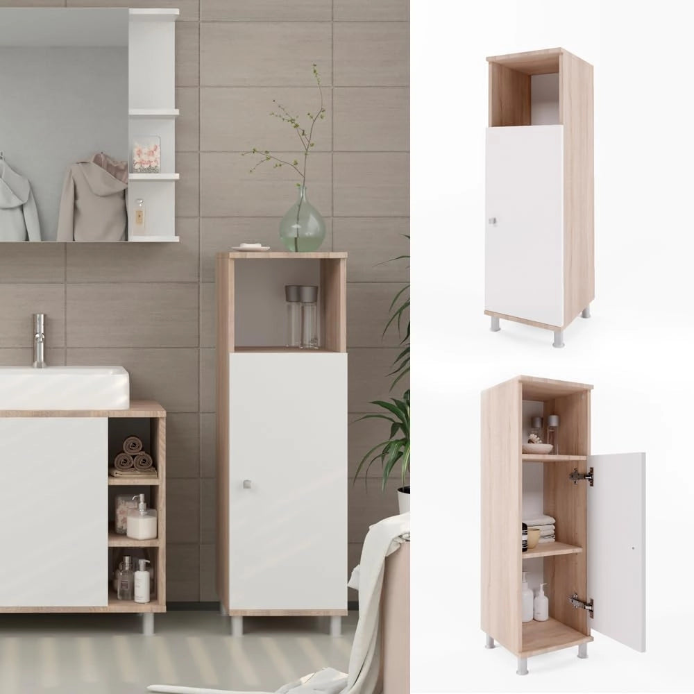 Mobile Midi Fynn, Sonoma/Bianco, 30 x 95 cm, per la conservazione di accessori da bagno e compatibile con Fynn
