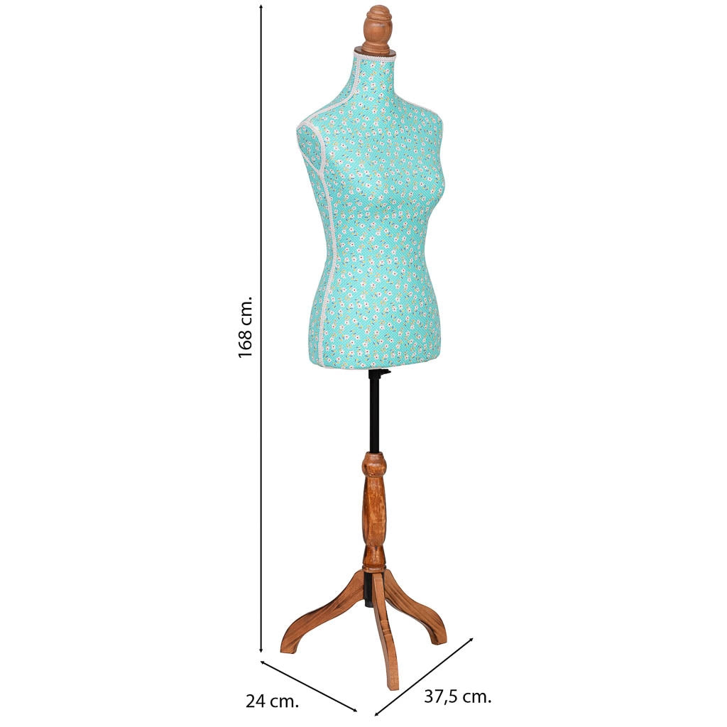 Manichino in legno e gommapiuma con tessuto multicolore 37.5x24x168 cm