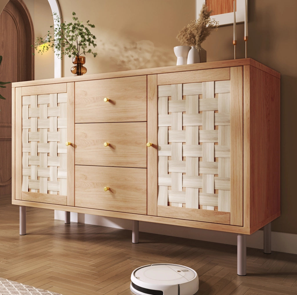 Credenza 120x40x75 cm con 2 ante; 3 cassetti e ripiani regolabili in legno naturale
