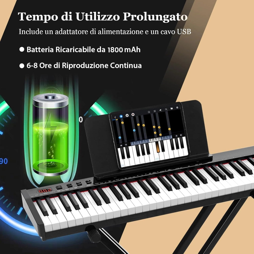 Set Pianoforte Digitale 61 Tasti, Tastiera Musicale con Sgabello Portatile, Pianoforte Elettronica con Supporto, Pedale Sustain, MIDI, USB e Funzione di APP Bluetooth