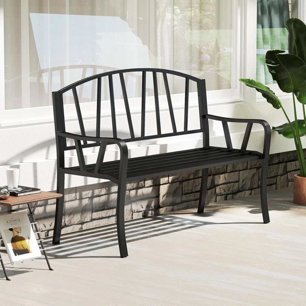 Panchina da Giardino in Metallo da 129 cm, Panchina con Doghe per 2-3 Persone, Loveseat in Stile Parco con Braccioli Curvati, Seduta Resistente per Esterno per Giardino, Piscina, Veranda