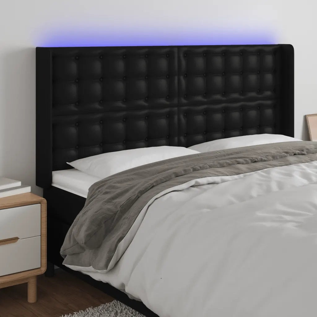Testiera | Testata a LED Nera 147x16x118/128 cm in Similpelle
