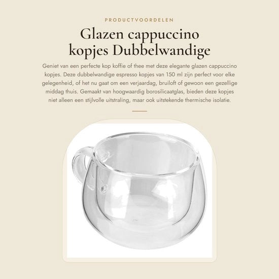 Set di Caffè a Doppia Parete 150 ml - Set di Caffè a 6 pezzi - Caffè con Manico - Vetro Termico - Robusto e Duraturo - Moka