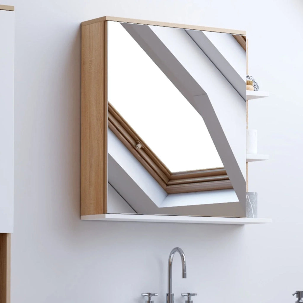 IDMarket - Pensile da bagno TOMI con specchio e mensole in faggio e bianco