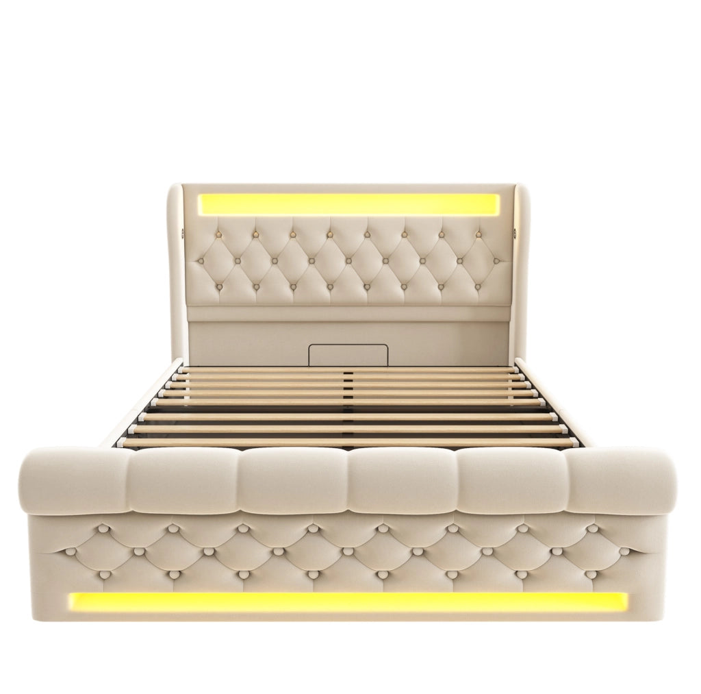 Letto matrimoniale imbottito 160x200 cm in velluto beige con LED; USB e Type-C