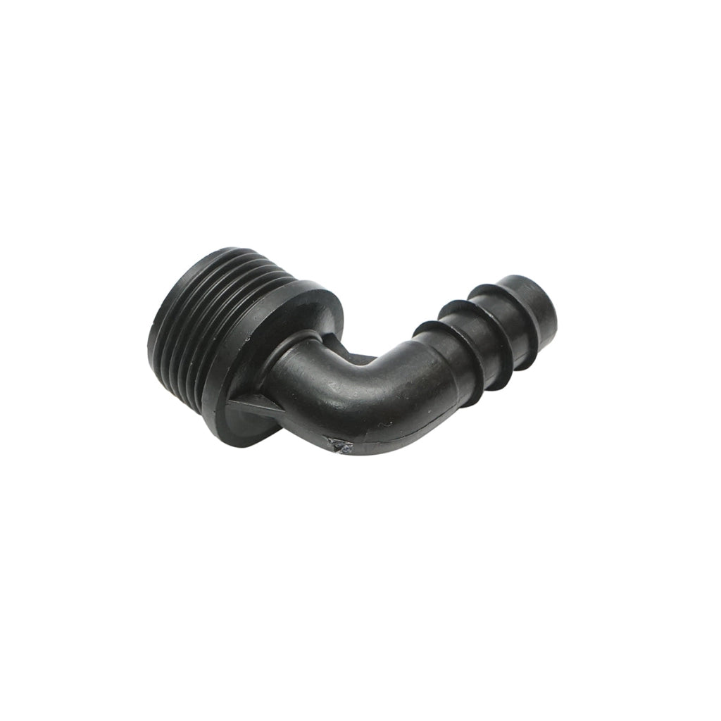 Gomito per tubo di gocciolamento con filettatura esterna D16mm x 3/4 per sistemi di irrigazione.