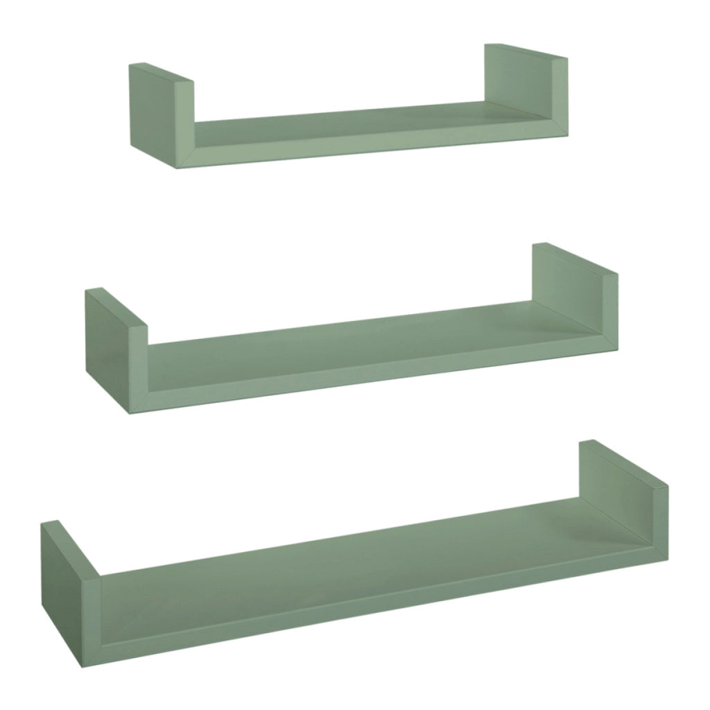 Set di 3 Mensole da Muro Modello CALAMITA, Mensole Muro Design, Mensola da Parete. Misure 60x8 p15.5 cm, 50x8 p15.5 cm e 40x8 p15.5 cm. Finitura  VERDE A. MARINA - MADE IN ITALY