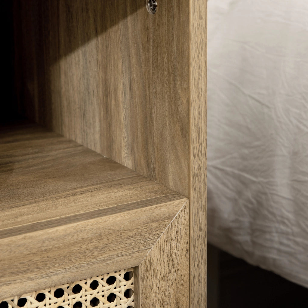 Comodino con cassetto e anta cannage ¨C Xylo ¨C legno naturale 45x39x56,5 cm