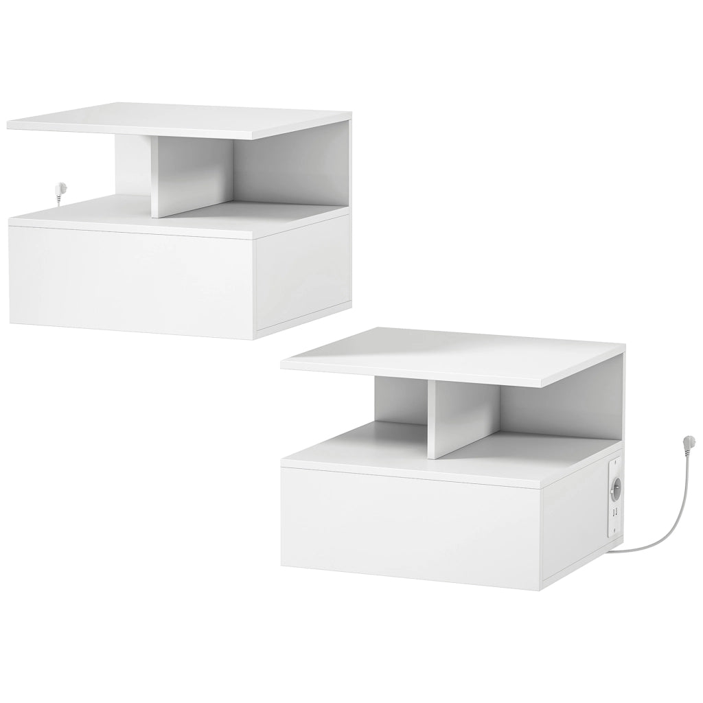 Set di 2 Comodini Sospesi Camera da Letto con Ricarica USB e Type-C, 40x35x30 cm, Bianco