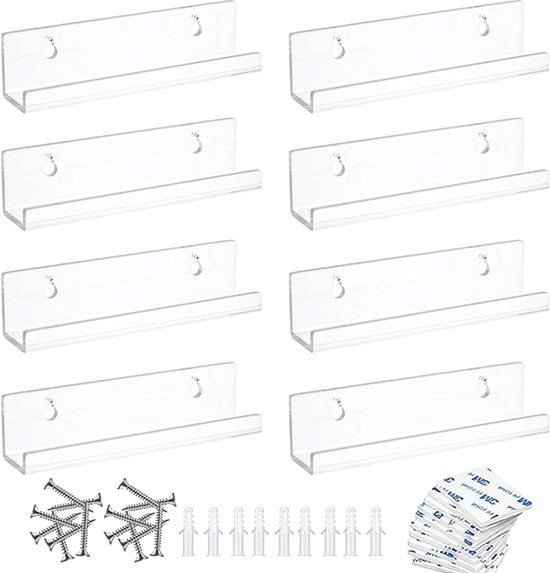 Rack per dischi in vinile, 8 pezzi, trasparente acrilico per la presentazione dei tuoi dischi in vinile, supporto per la parete con viti, etichette, dimensioni: 30,5 x 4,3 x 4,3 cm