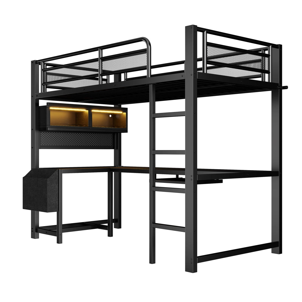 DESMIU Letto a soppalco 90 × 200 cm 1 posto con scrivania, LED, prese USB, senza materasso, nero