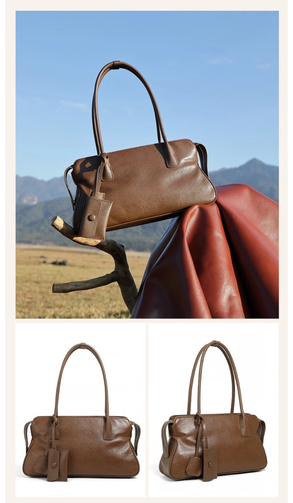 Borsa a tracolla da donna in vera pelle, modello tote o hobo, marrone.