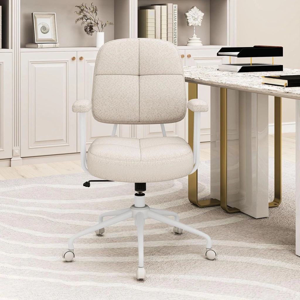 Sedia da Ufficio, con Schienale e Braccioli, Sedia Girevole Regolabile con Funzione a Dondolo e Ruote per Camera da Letto, Studio, Portata 150 kg (Bianco)