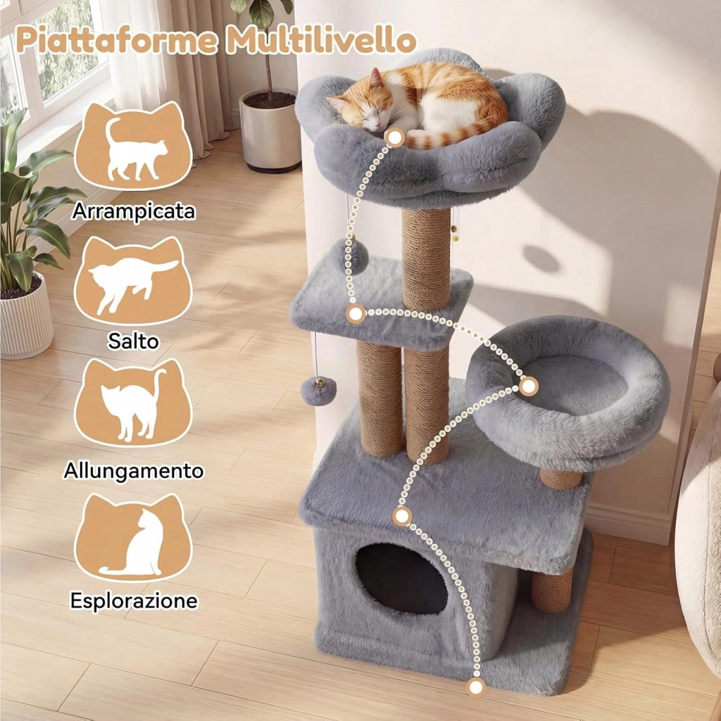 Albero per Gatti, Alberi Tiragraffi Alta 96 cm con Poggiolo Imbottito a Forma di Fiore, Condo Accogliente & Letto per Gatti, 2 Palline con Campanelli Appese & Posti per Graffiare (Grigio)