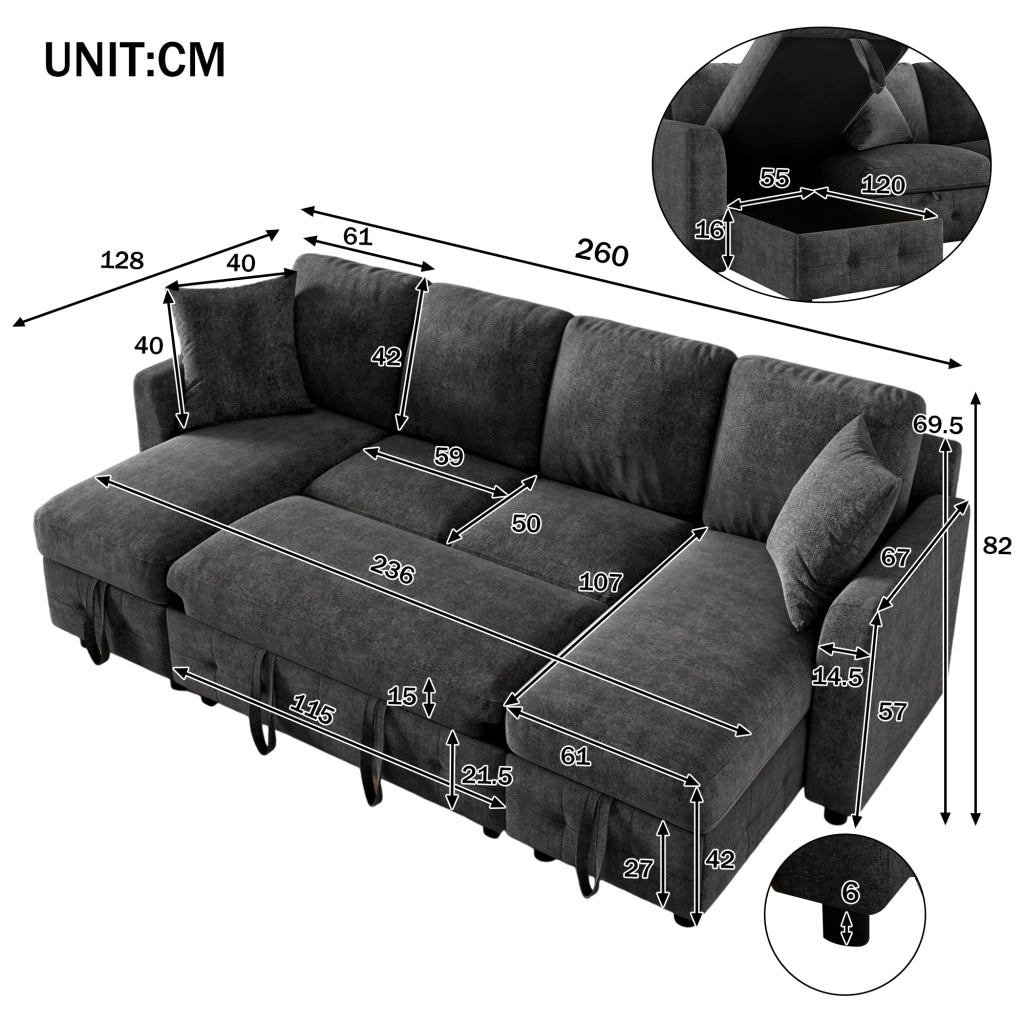 DIVANO LETTO a U con funzione estraibile, 260x128x82 cm, grigio scuro, in chenille