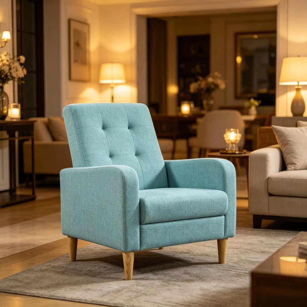 Poltrona imbottita a 1 posto con schienale alto in lino, schiuma e legno, blu, con braccioli 68 × 90,5 × 73,5 cm