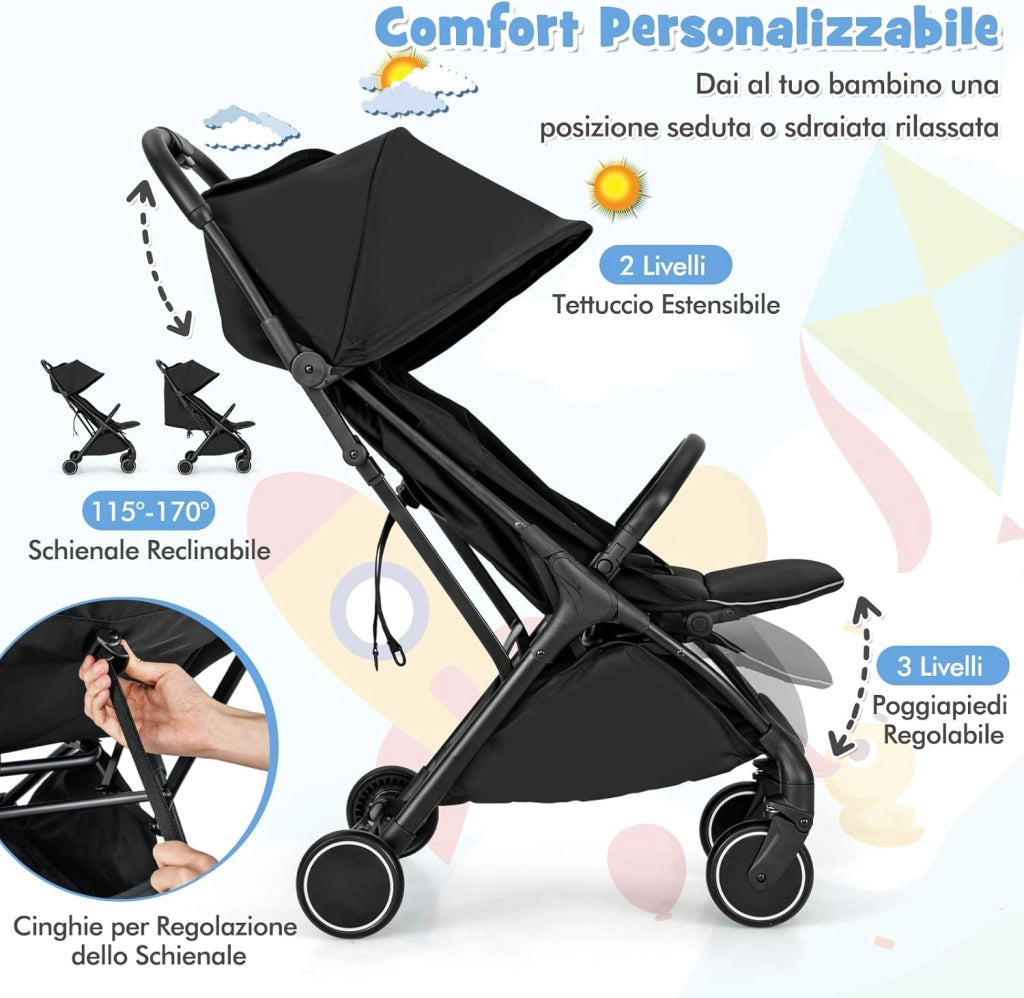 Passeggino Leggero Pieghevole per Bambini, Passeggiono Compatto con Schienale e Cappotta Regolabile, Cinture di Sicurezza a 5 Punti, Ruote con Freno, Fino a 15 kg (Nero)