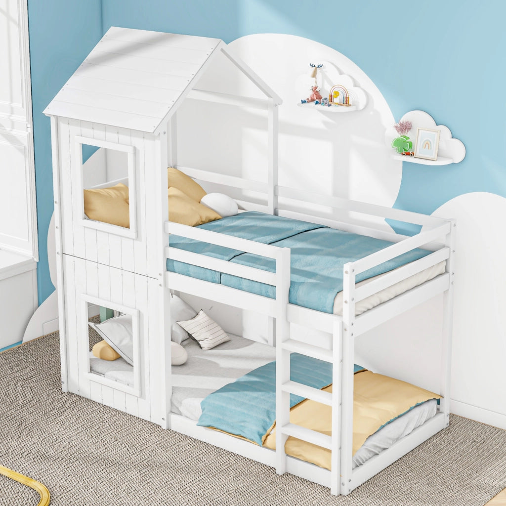 Letto a soppalco per bambini - Zephmum - 90x200 cm - Bianco - Solido, con scala e baldacchino