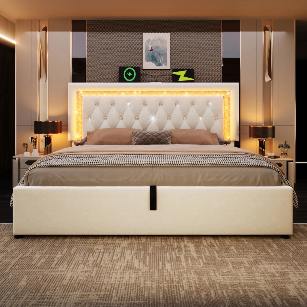 Letto imbottito 140x200 cm con contenitore; LED e ricarica USB Type-C in velluto beige