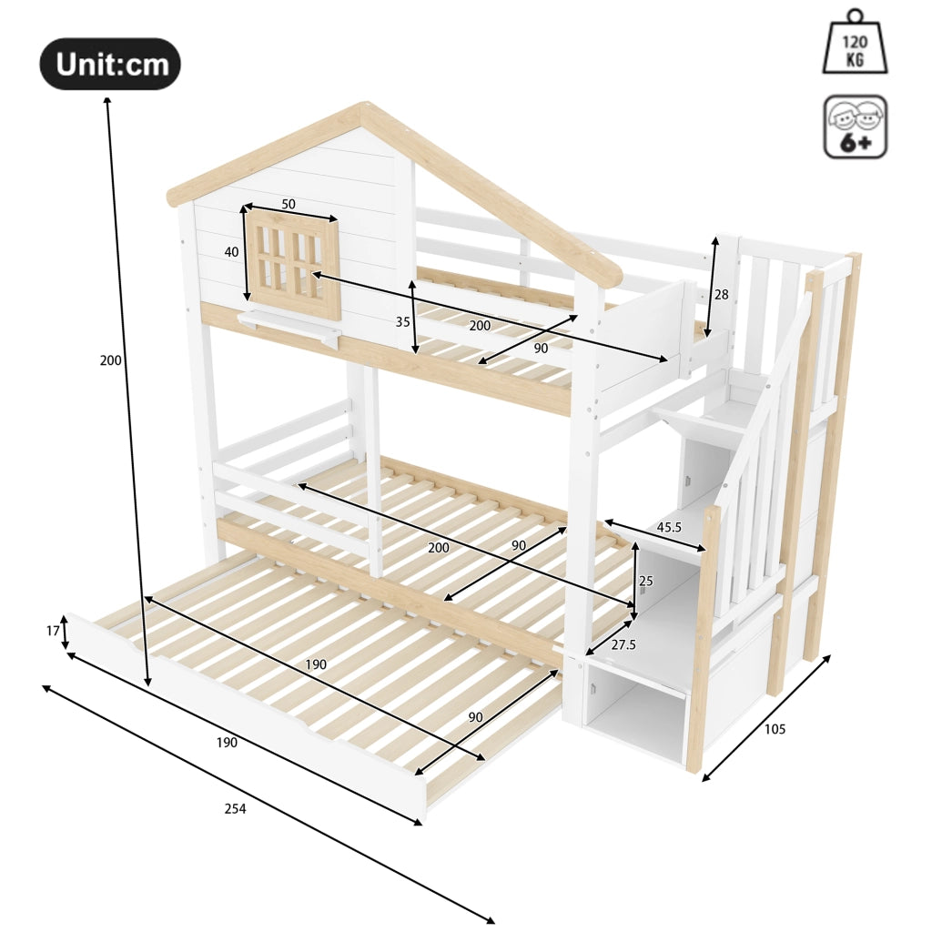 Letto a Castello 90x200 cm con Letto Estraibile; Sponde e Scala contenitore - Bianco