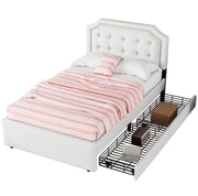 Letto imbottito 90x200 cm con cassetti; MDF e lino; beige chiaro