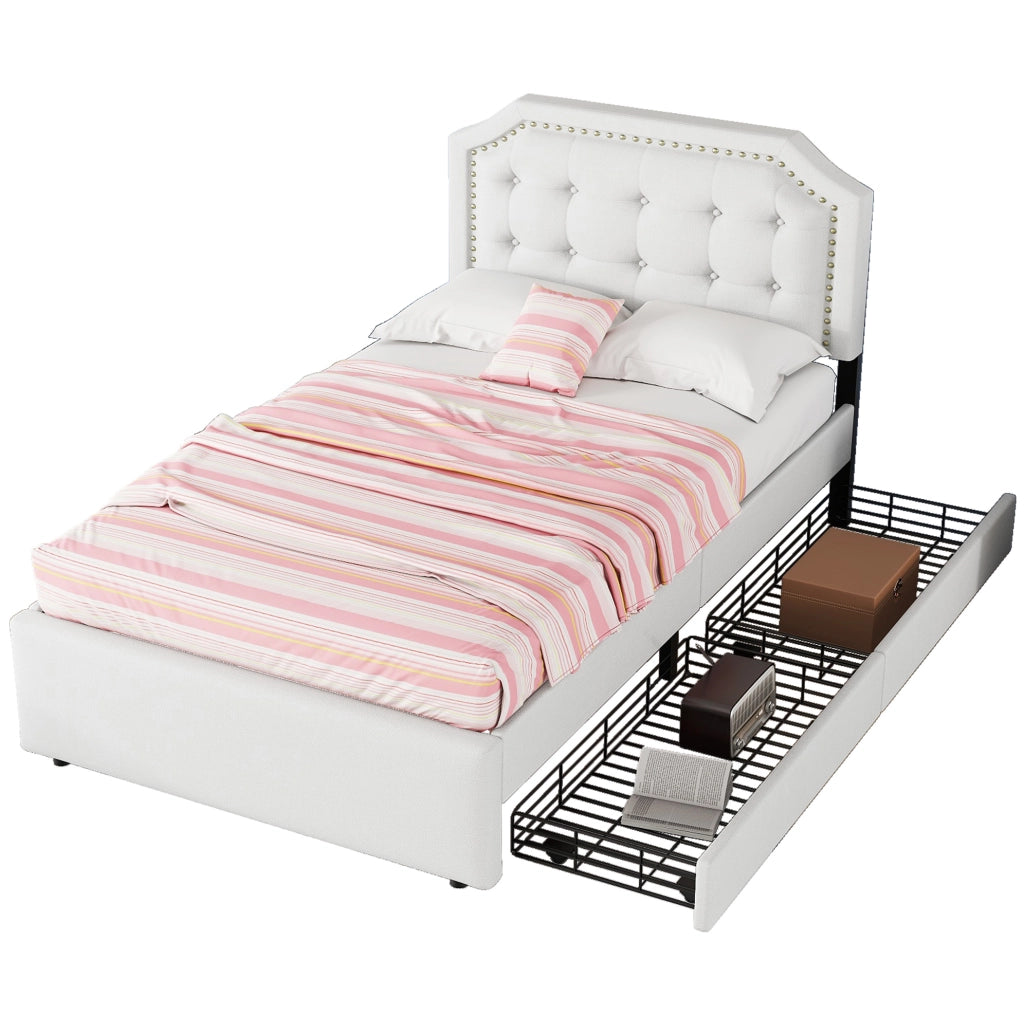 Letto imbottito 90x200 cm con cassetti; MDF e lino; beige chiaro
