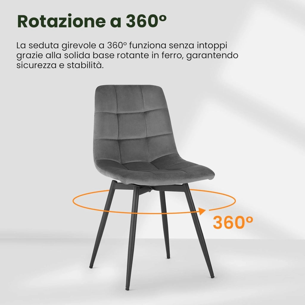 4 x Sedie da Pranzo Girevoli, Sedie Cucina in Velluto con Schienale e Gambe in Metallo, Stile Moderno, per Cucina, Camera da Letto e Soggiorno, Grigio Scuro