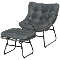 Poltrona da Relax in Rattan con Sgabello per Giardino, Poltrona in Rattan da Esterno con Cuscino, in Acciaio e Poliestere, 69 x 76 x 70 cm, Grigio