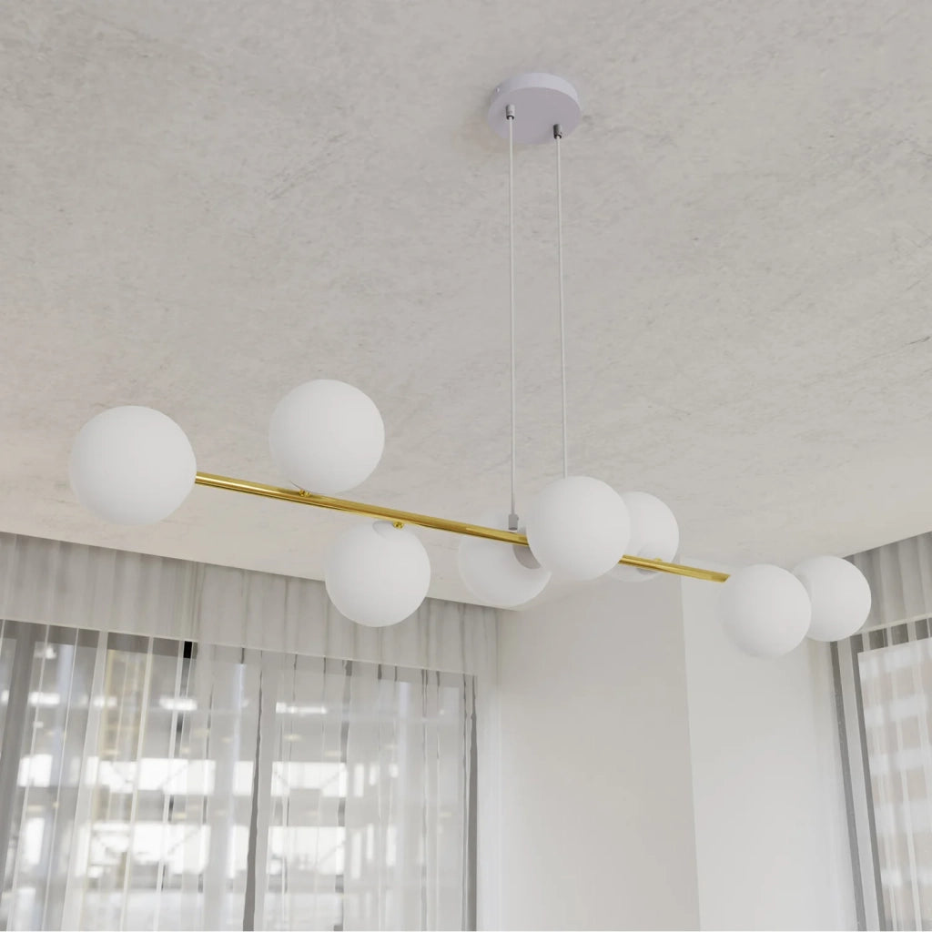 Sospensione Contemporanea Rhiannon 8 Luci In Acciaio Bianco E Oro E Vetro Bianco