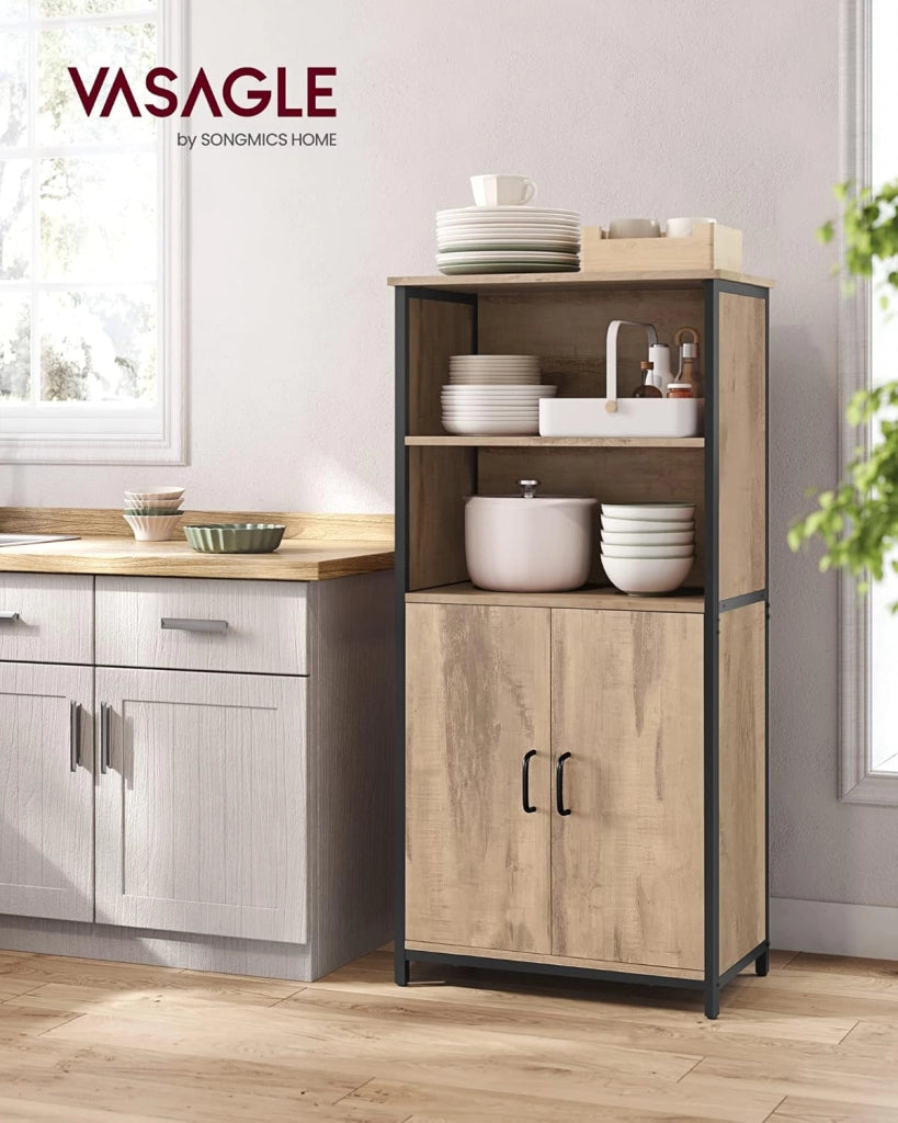 VASAGLE Mobiletto, Credenza, Libreria, 2 Ripiani Aperti e Scomparto con Ripiano Interno Regolabile, Telaio in Acciaio, per Salotto Cucina Studio, Marrone Rovere e Nero LSC066B50