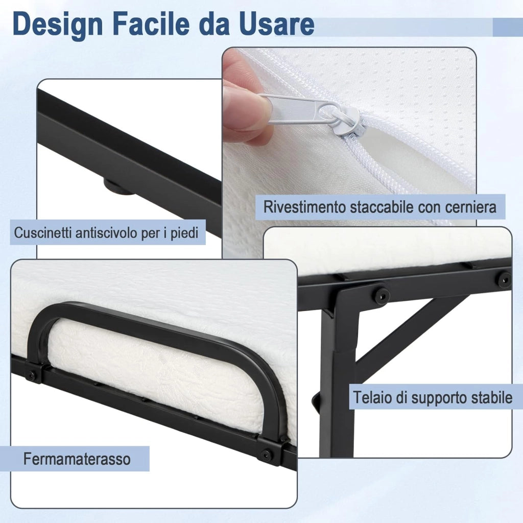 Brandina Pieghevole con Materasso Memory Foam, Letto Pieghevole con Struttura Robusta in Metallo e 4 Ruote, Letto Singolo Portatile per Casa Ufficio, Capacità di Carico 180 kg