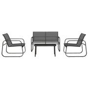 Mobili da giardino a 4 pezzi: 2 poltrone + Divanooo a 2 posti + tavolo di vetro; tessuto traspirante; telaio metallico; nero