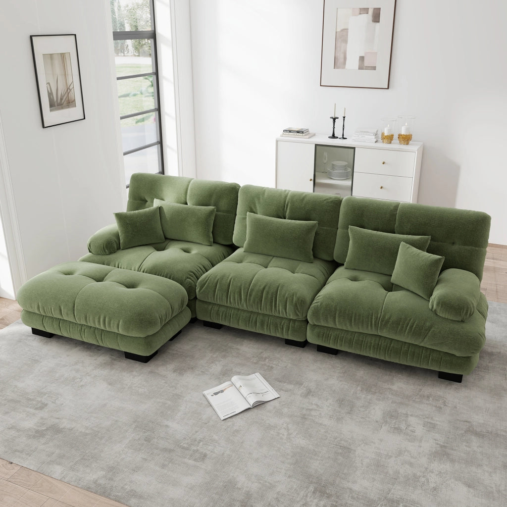 Divano angolare modulare con seduta profonda e pouf mobili per soggiorno in ciniglia verde 313 × 145 × 81 cm