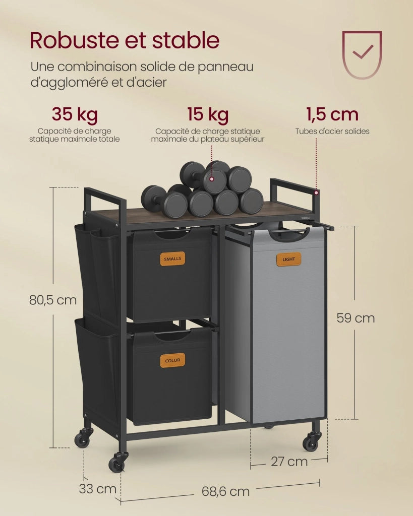 Cesto portabiancheria con 3 scomparti 68,6 x 33 x 80,5 cm capacità 100 litri cestino con ruote carrello con ripiani borsa tasche laterali 6 etichette beige grigio naturale 12_0006656