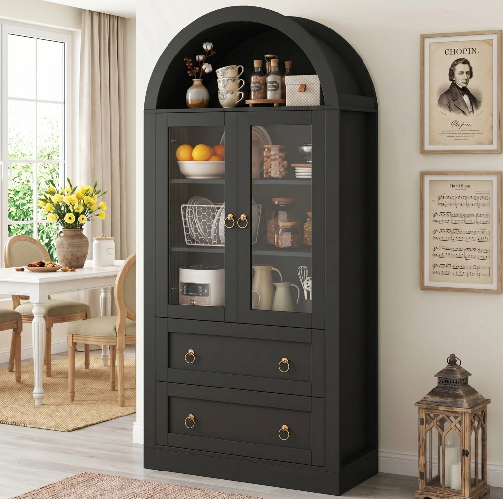 Armadio ad arco 80x36x170 cm con ante in vetro e ripiani regolabili in truciolare nero