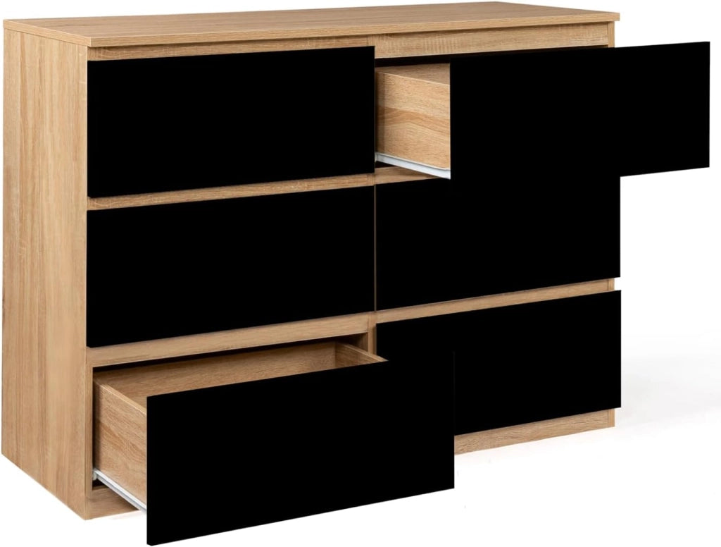 TOMI 110 cm cassettiera a 6 cassetti in legno effetto faggio e nero