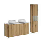 Set VANO finitura quercia e bianco 150cm : mobile sottolavabo con ante + piano per lavabo + lavabo da appoggio rotondo + colonna