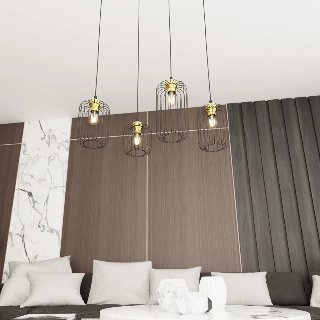 Sospensione Minimal Industrial Minerva 4 Luci Lineari Nera E Oro