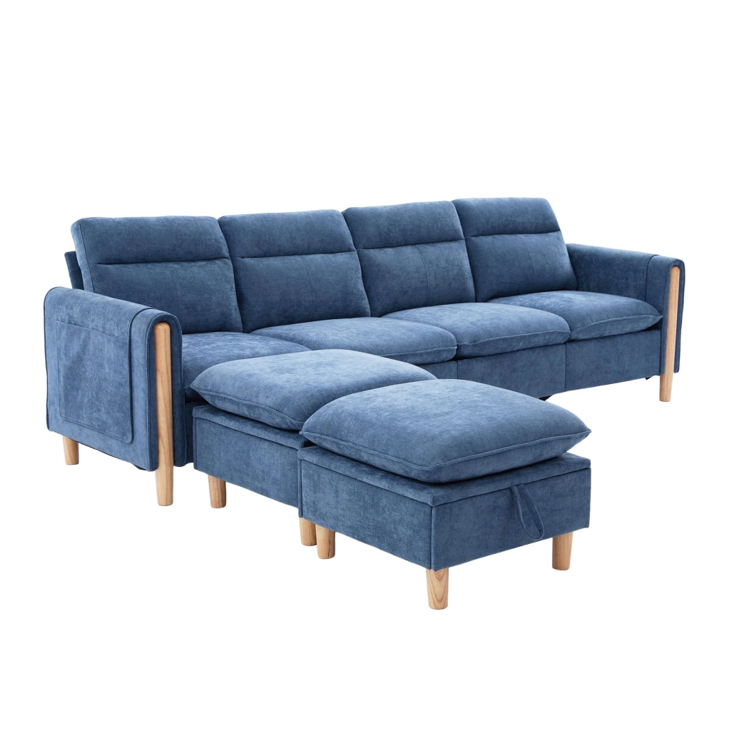 Divano modulare a U 4 posti in ciniglia blu con 2 pouf contenitore HOMVRA