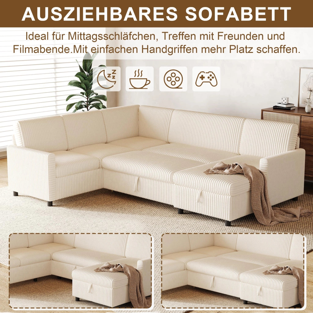 Divano a U con letto estraibile e vano contenitore in tessuto a coste beige 274 × 220 × 85 cm