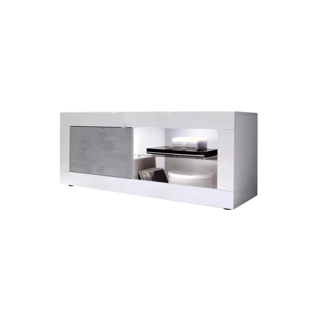 Mobile TV 1 porta, collezione ISORA, colori bianco lucido laccato e grigio effetto cemento