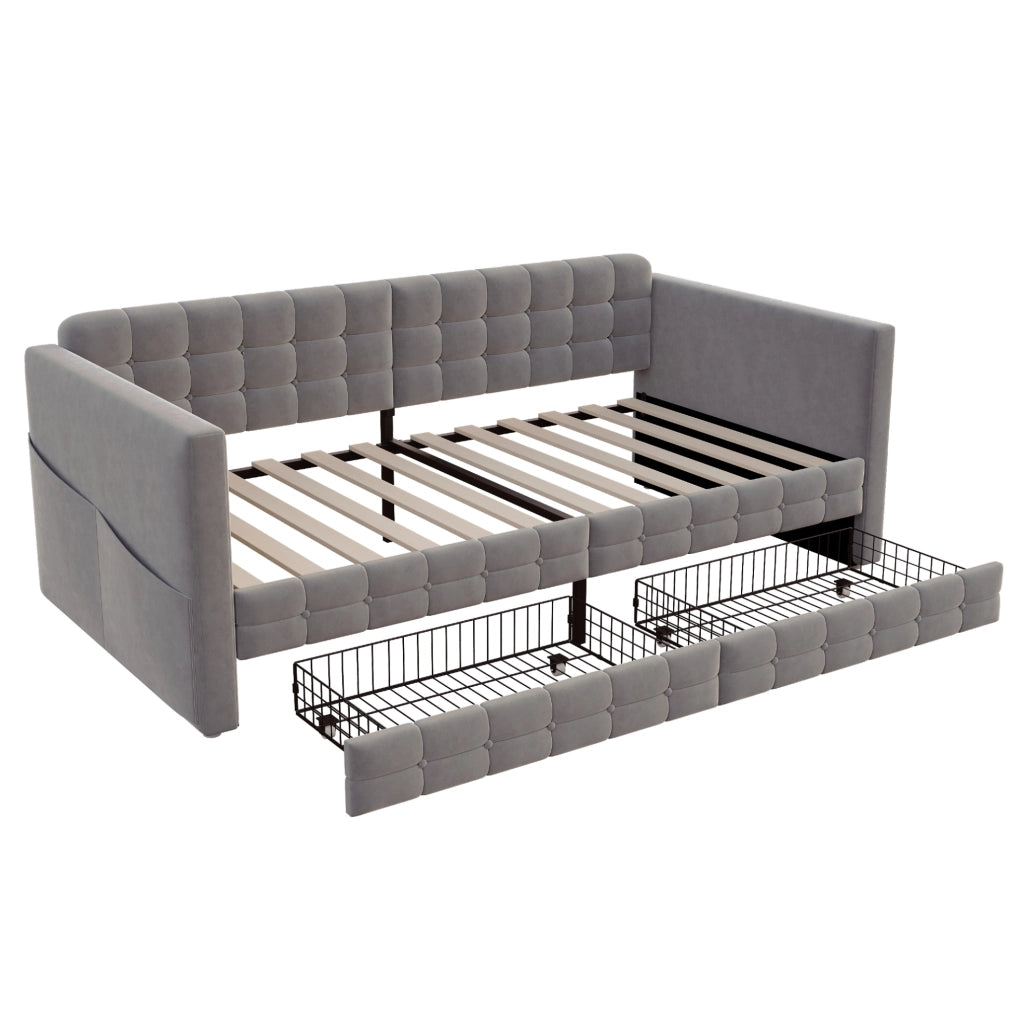 Letto imbottito 90x190 cm con testiera capitonn茅; tasche laterali e 2 cassetti; velluto grigio