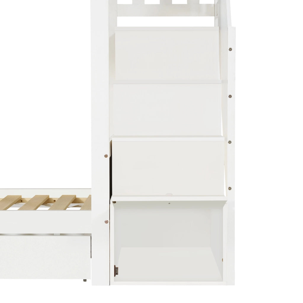 Letto a castello bianco 90x200 cm per bambini con scala contenitore; 2 cassetti e sponde di protezione