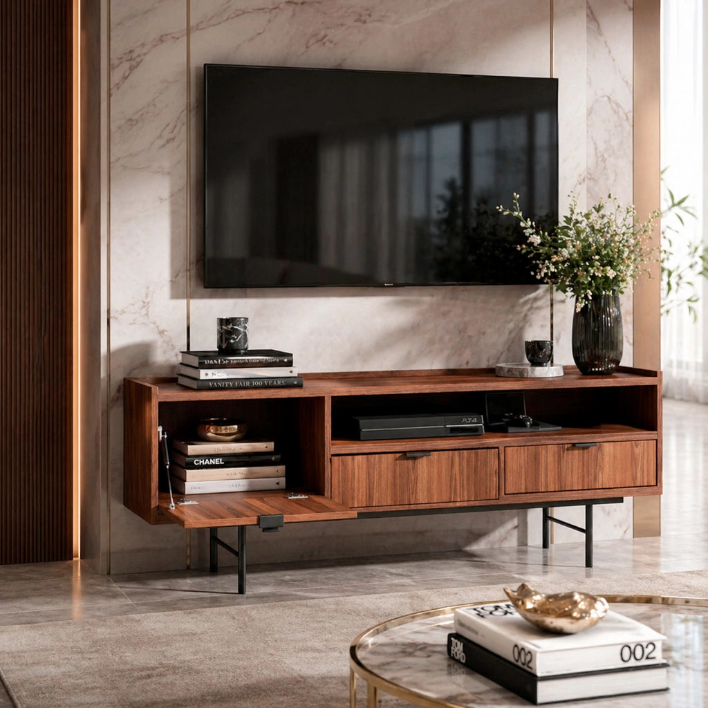 Mobile TV Con 1 Anta A Ribalta 2 Cassetti E Vano A Giorno Con Passacavo In Melaminico Per Soggiorno Salotto Zona Living Design Moderno Contemporaneo 150 X 40 X 55 Cm Noce