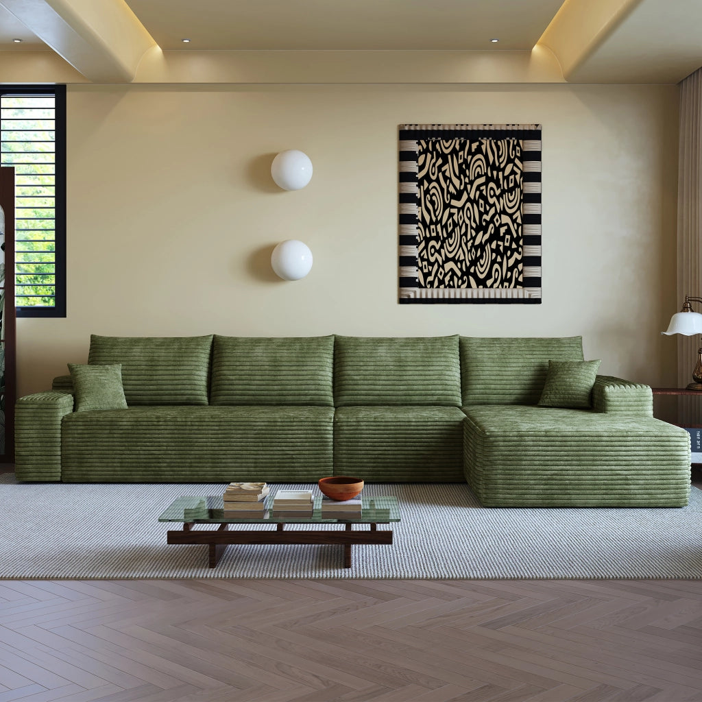 Divano d'angolo modulare con chaise longue e imbottitura in schiuma ad alta elasticità in velluto a coste verde 270 × 175 × 83 cm