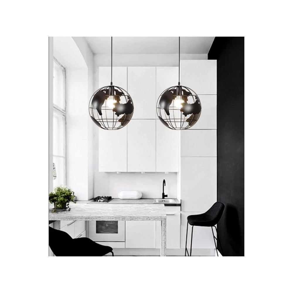 Trade Shop - Lampadario A Sospensione Mappamondo E27 In Metallo Nero Sfera Globo Sospeso 33948 -